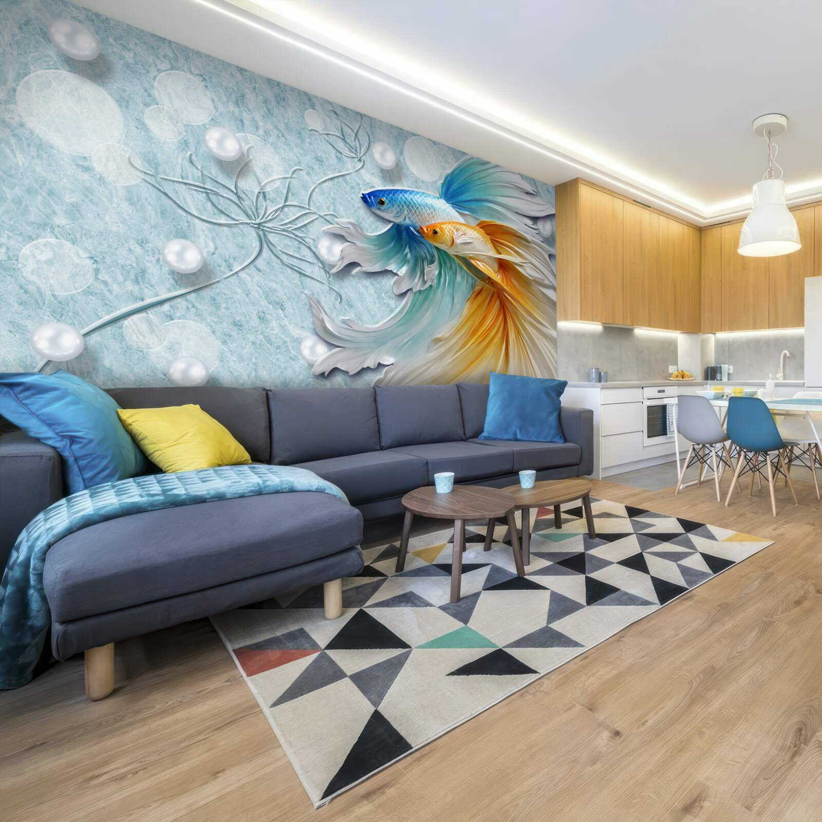 Fototapeta ryby s luxusnými chvostmi, zahalené v zlatej a modrej farbe