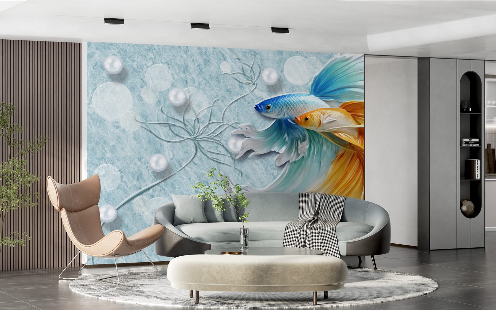 Fototapeta ryby s luxusnými chvostmi, zahalené v zlatej a modrej farbe