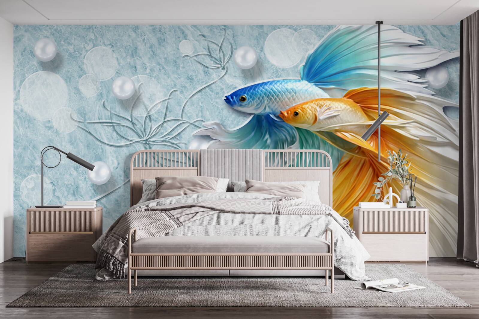 Fototapeta ryby s luxusnými chvostmi, zahalené v zlatej a modrej farbe