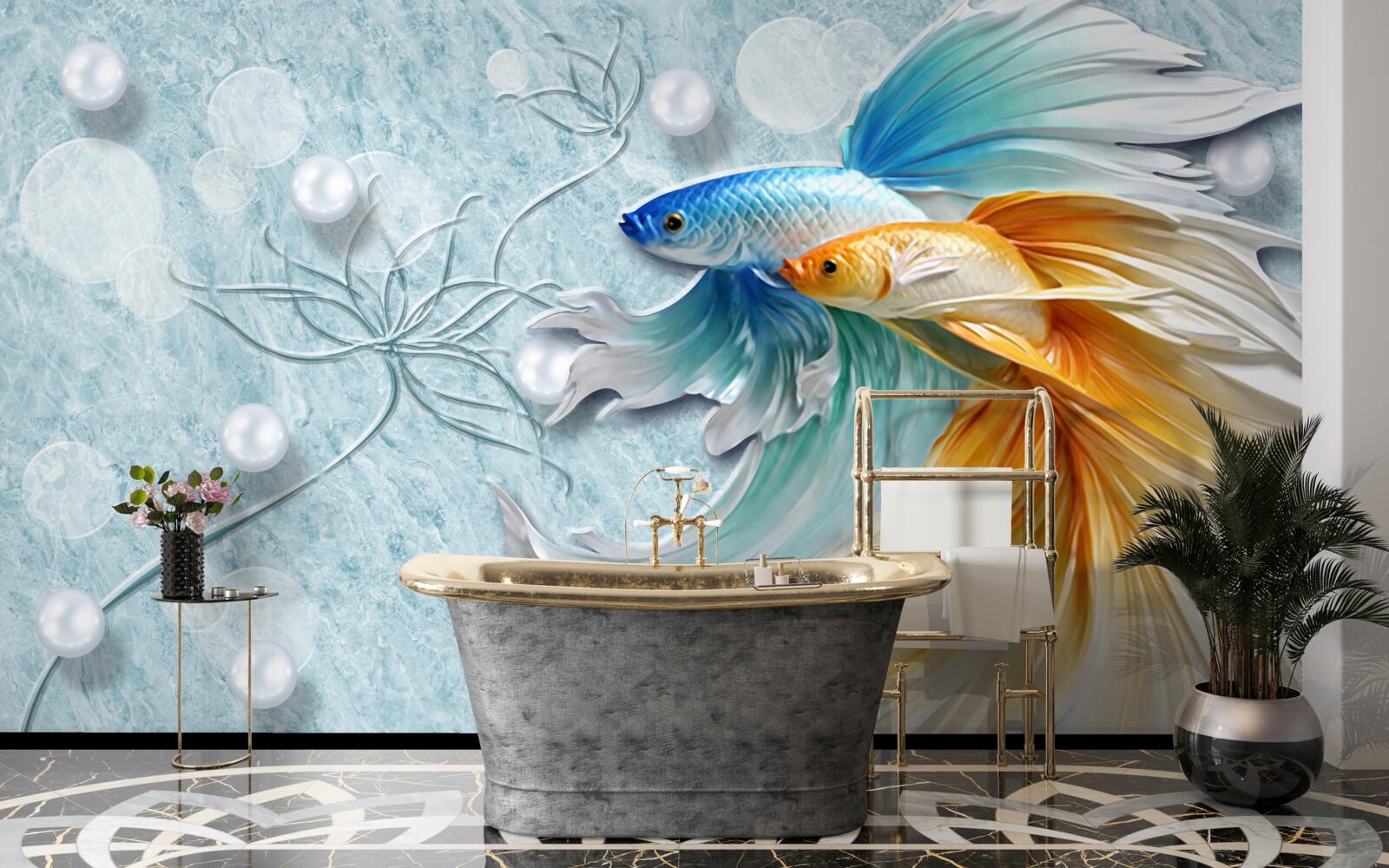 Fototapeta ryby s luxusnými chvostmi, zahalené v zlatej a modrej farbe