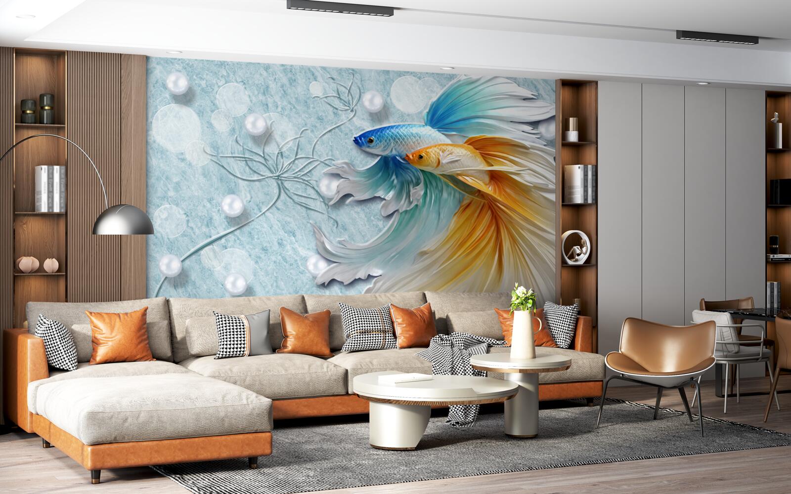 Fototapeta ryby s luxusnými chvostmi, zahalené v zlatej a modrej farbe