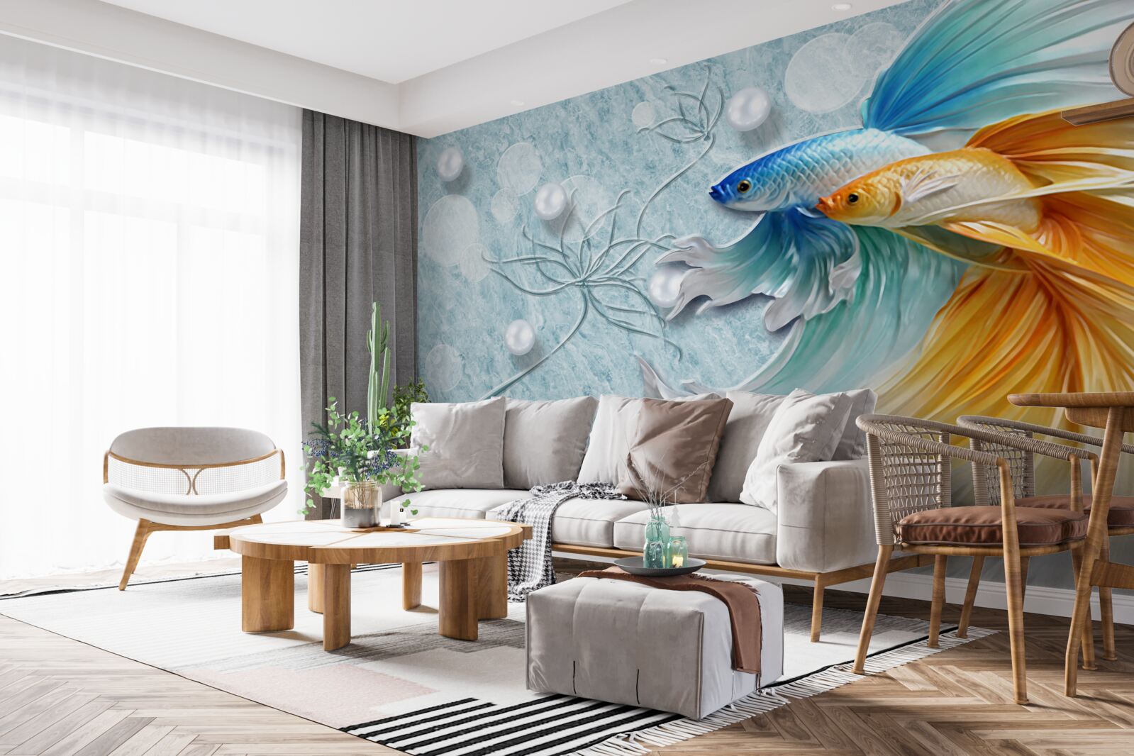 Fototapeta ryby s luxusnými chvostmi, zahalené v zlatej a modrej farbe