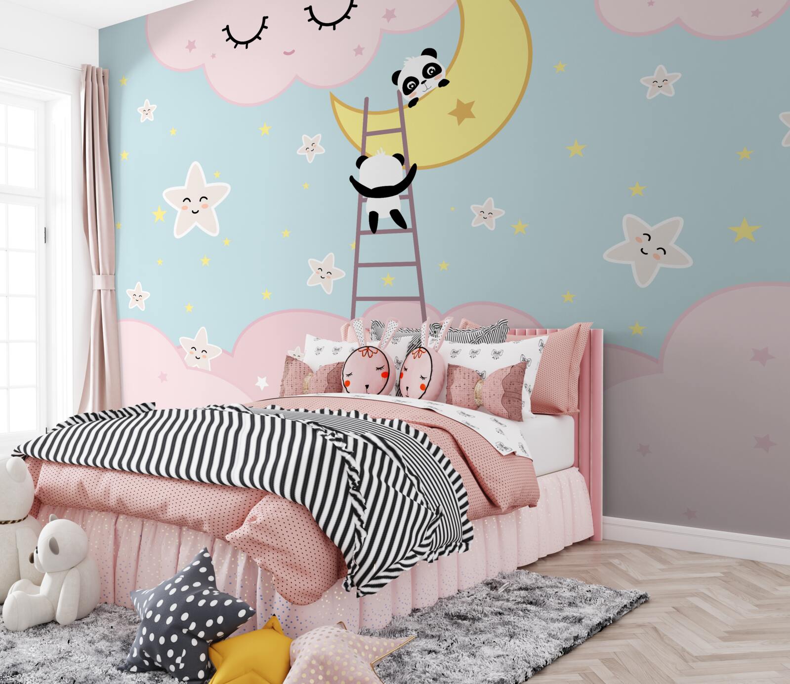 Fototapeta pandy vyliezajú na Mesiac po rebríku