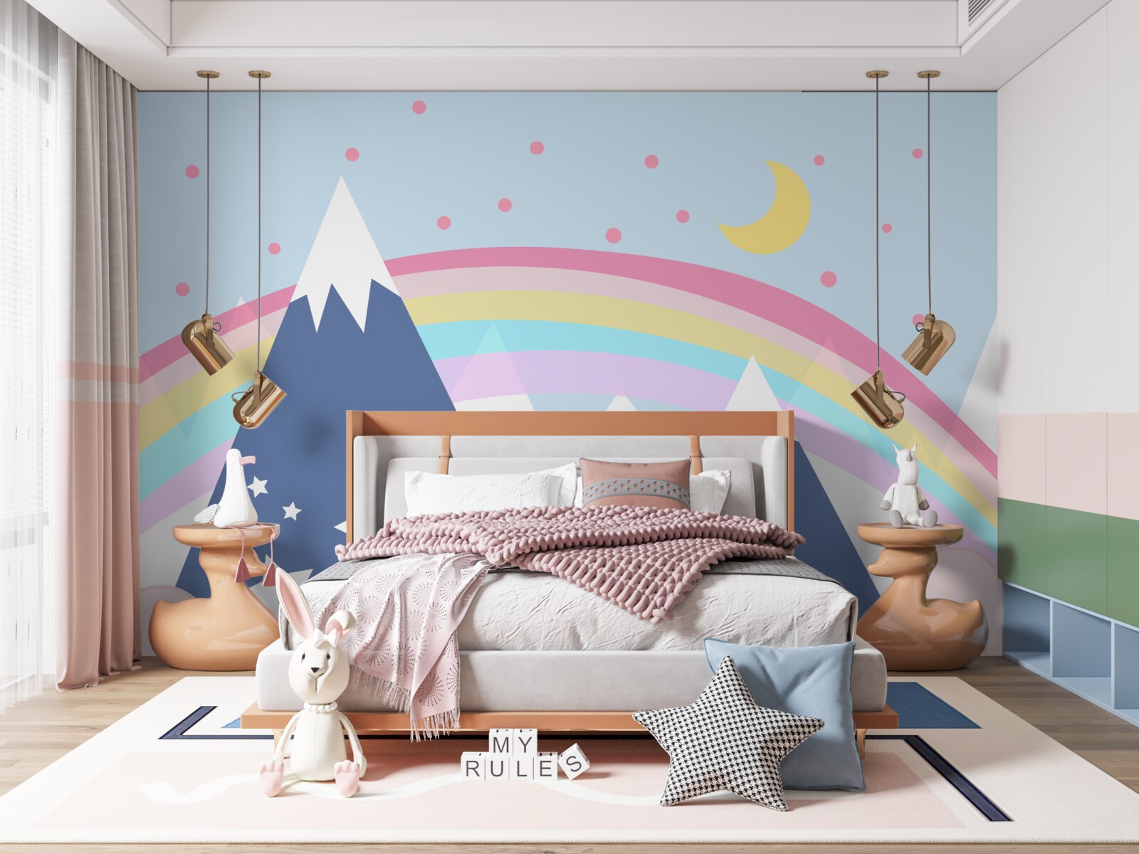 Fototapeta hory v modrom odtieni v pozadí s dúhou