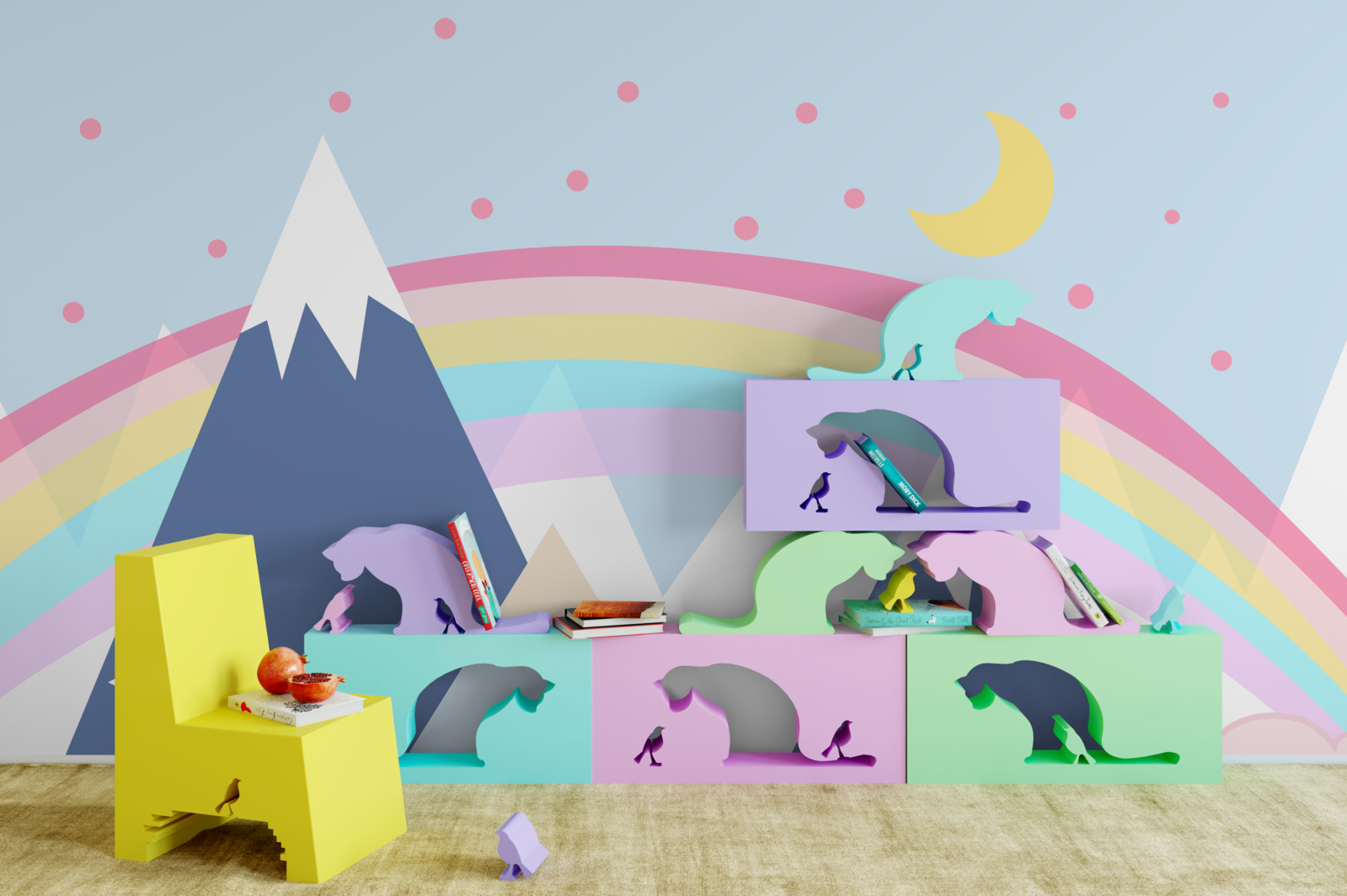 Fototapeta hory v modrom odtieni v pozadí s dúhou