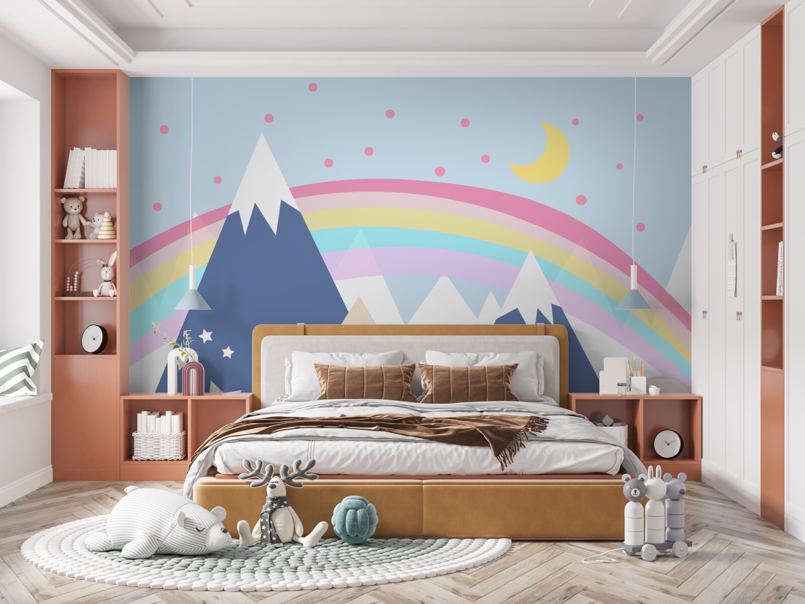 Fototapeta hory v modrom odtieni v pozadí s dúhou