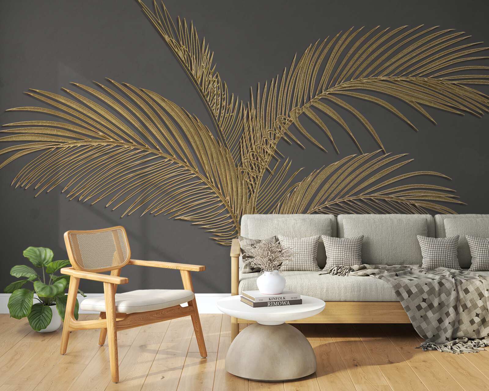 Fototapeta hnedé listy s perím na sivom podklade