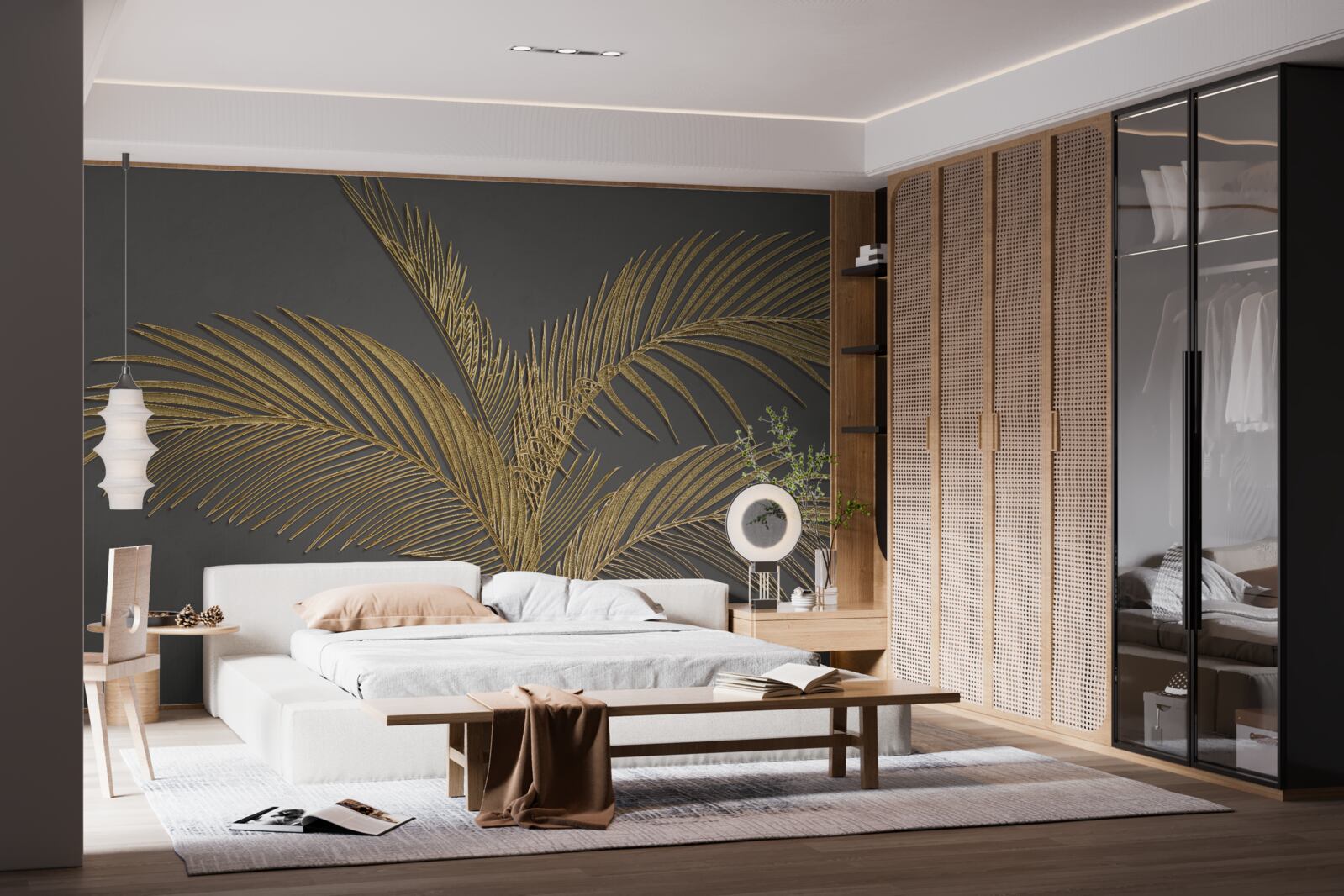 Fototapeta hnedé listy s perím na sivom podklade