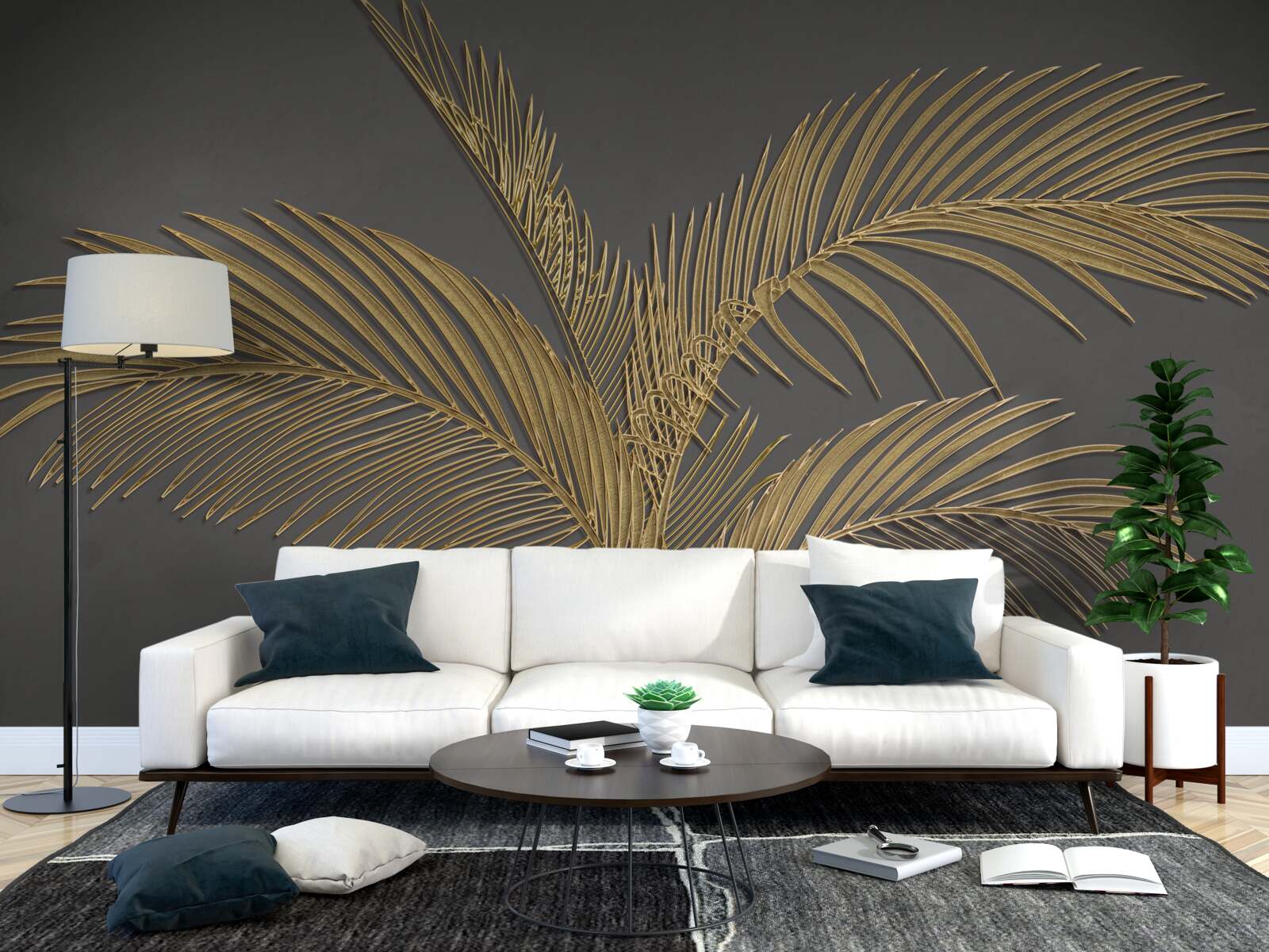 Fototapeta hnedé listy s perím na sivom podklade