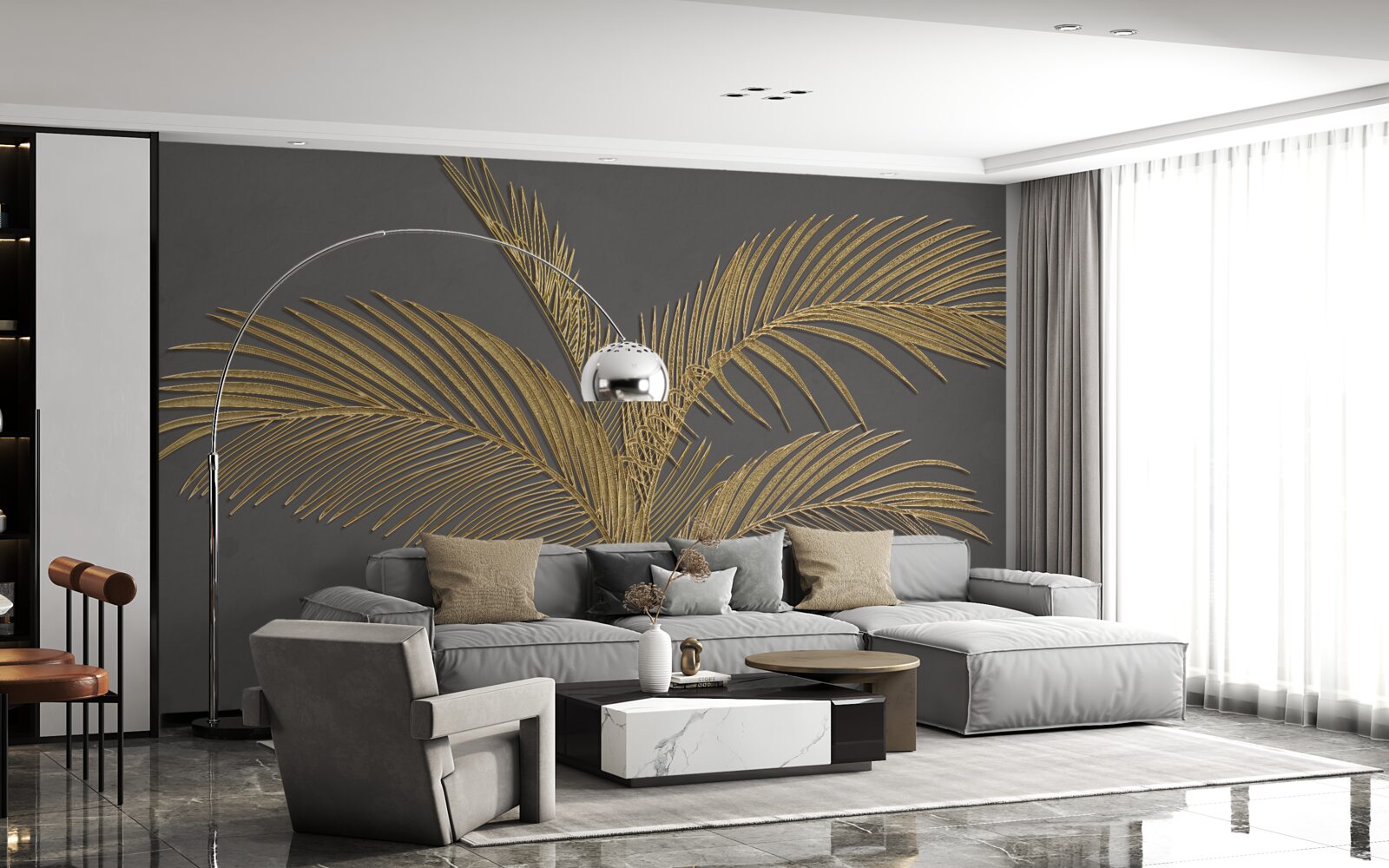 Fototapeta hnedé listy s perím na sivom podklade