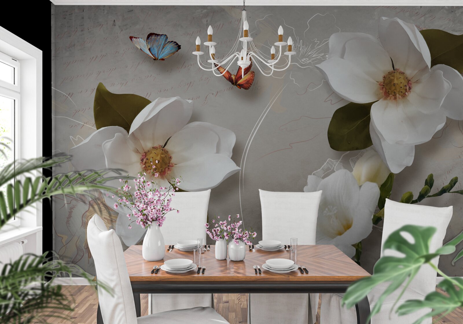 Fototapeta dva motýle poletujú nad snehobielymi kvetmi