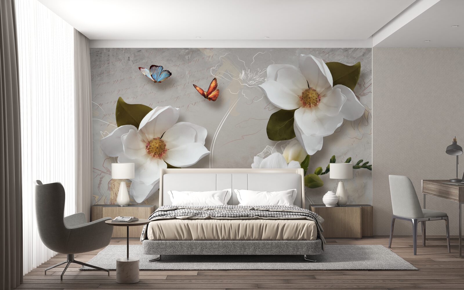 Fototapeta dva motýle poletujú nad snehobielymi kvetmi