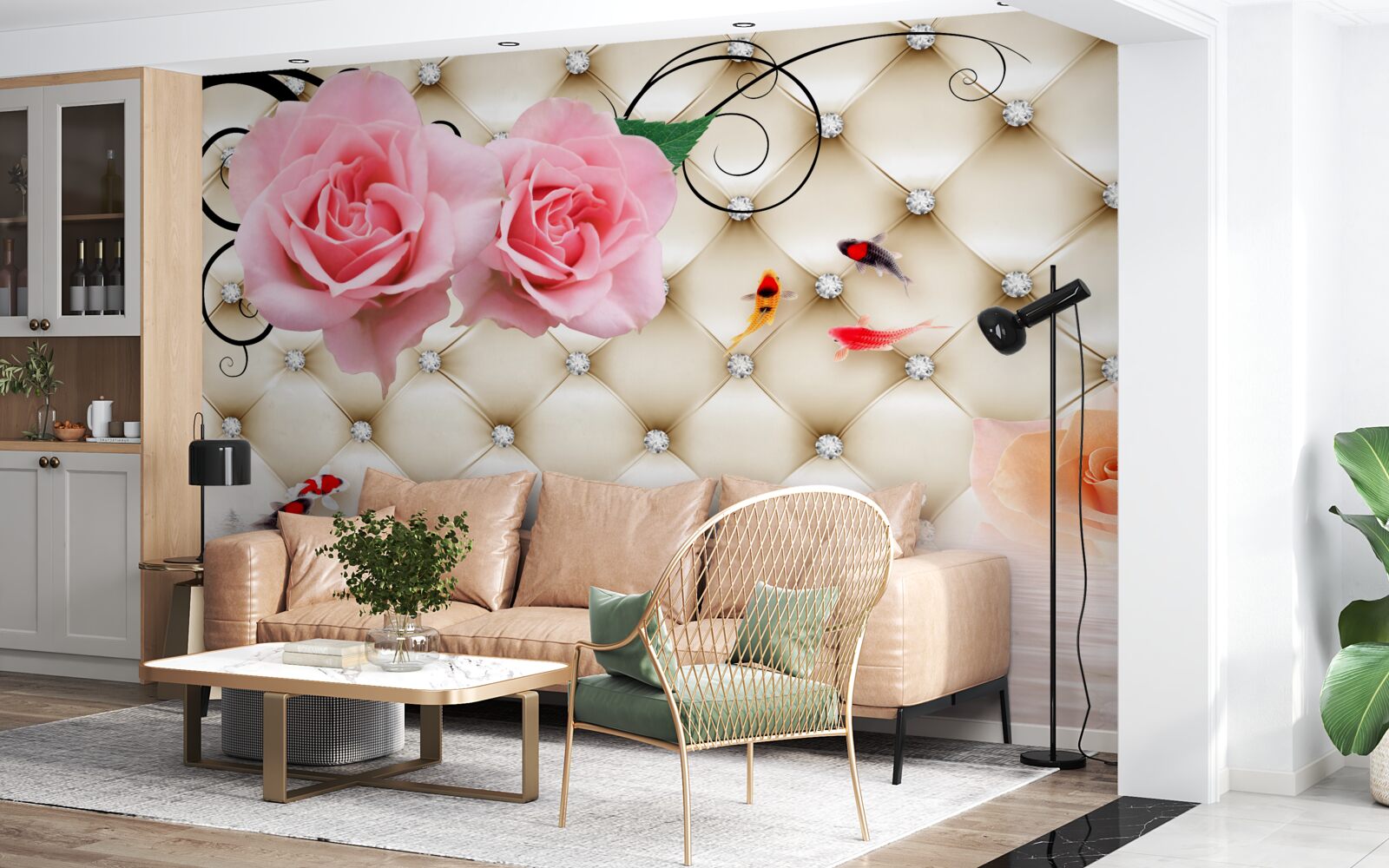 Fototapeta motýle a ruže nad životodarnými prvkami