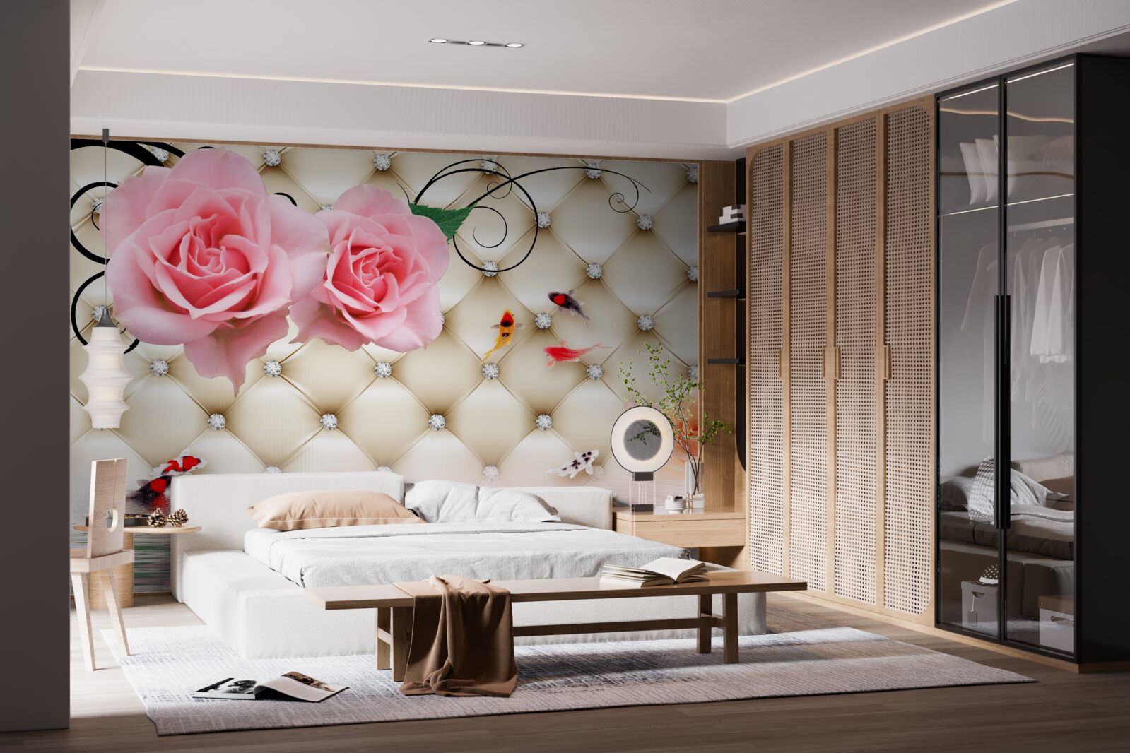 Fototapeta motýle a ruže nad životodarnými prvkami