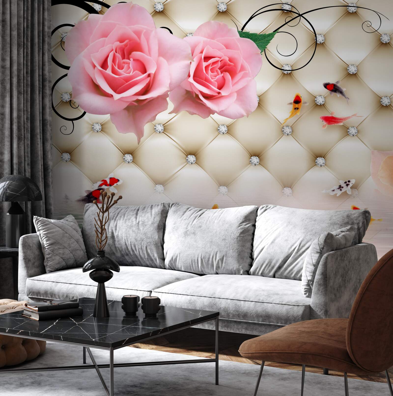 Fototapeta motýle a ruže nad životodarnými prvkami