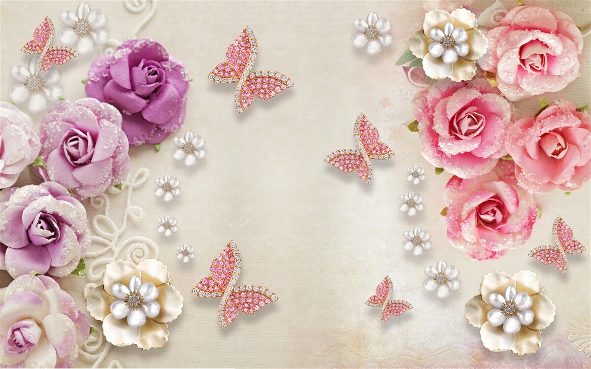 Fototapeta kvety sú obklopené motýľmi vyrobenými z kameňov