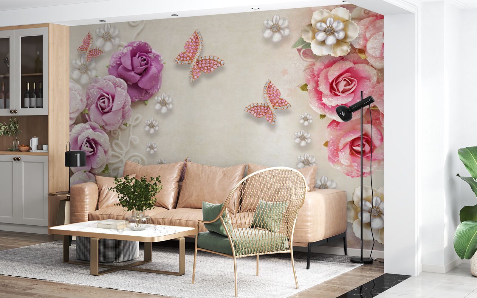 Fototapeta kvety sú obklopené motýľmi vyrobenými z kameňov