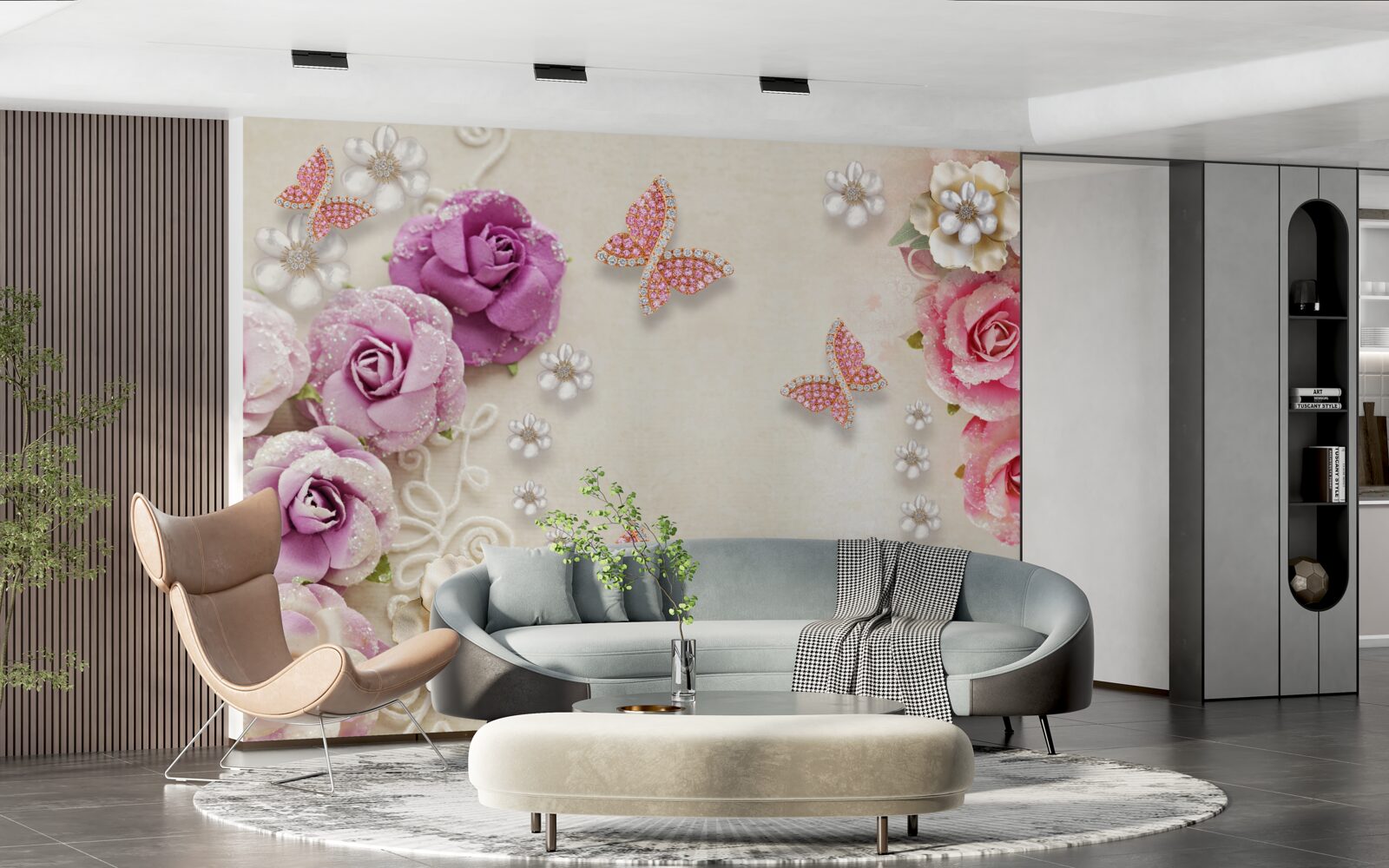 Fototapeta kvety sú obklopené motýľmi vyrobenými z kameňov