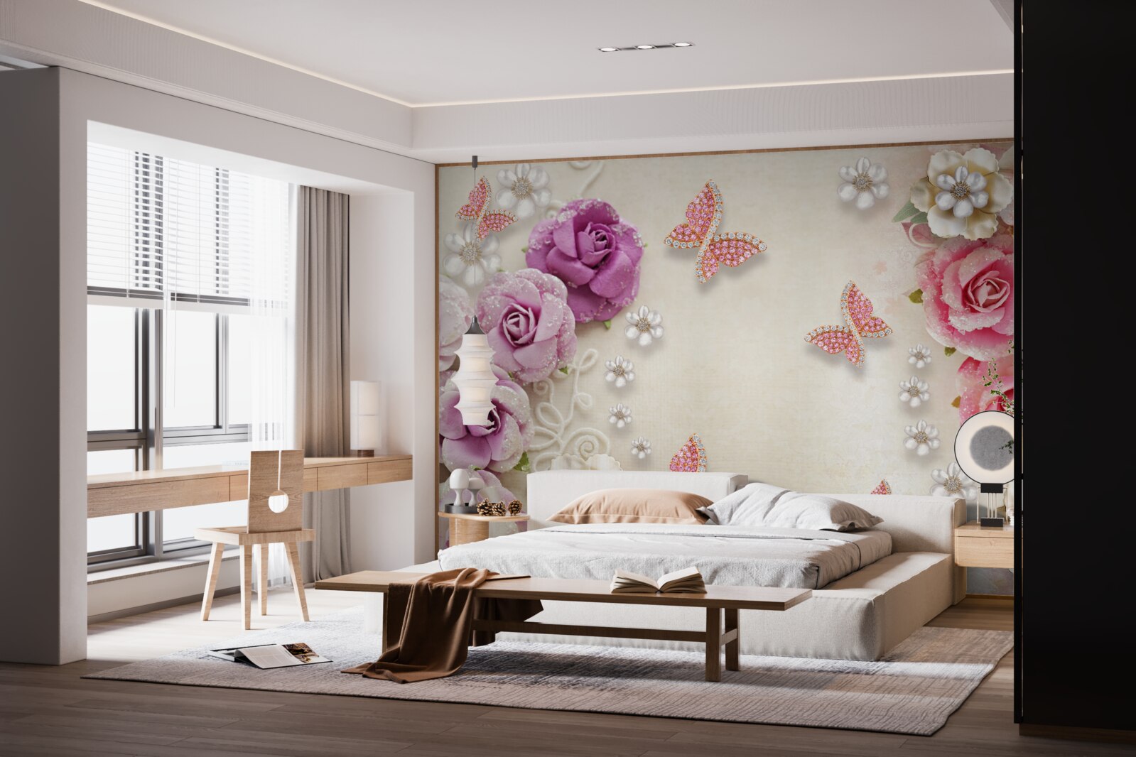 Fototapeta kvety sú obklopené motýľmi vyrobenými z kameňov