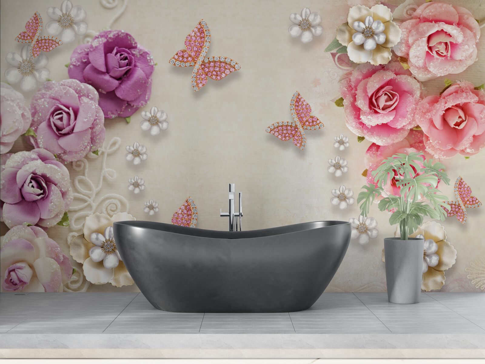 Fototapeta kvety sú obklopené motýľmi vyrobenými z kameňov