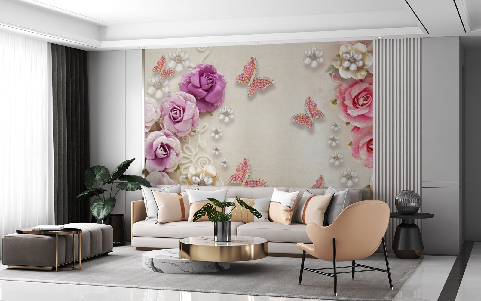 Fototapeta kvety sú obklopené motýľmi vyrobenými z kameňov