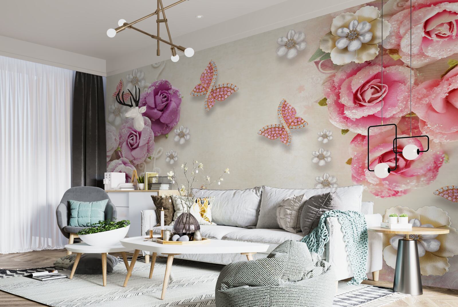 Fototapeta kvety sú obklopené motýľmi vyrobenými z kameňov