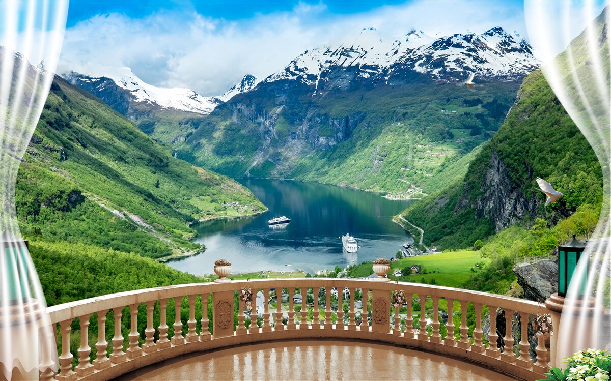 Fototapeta terasa obklopená horami s jazerom