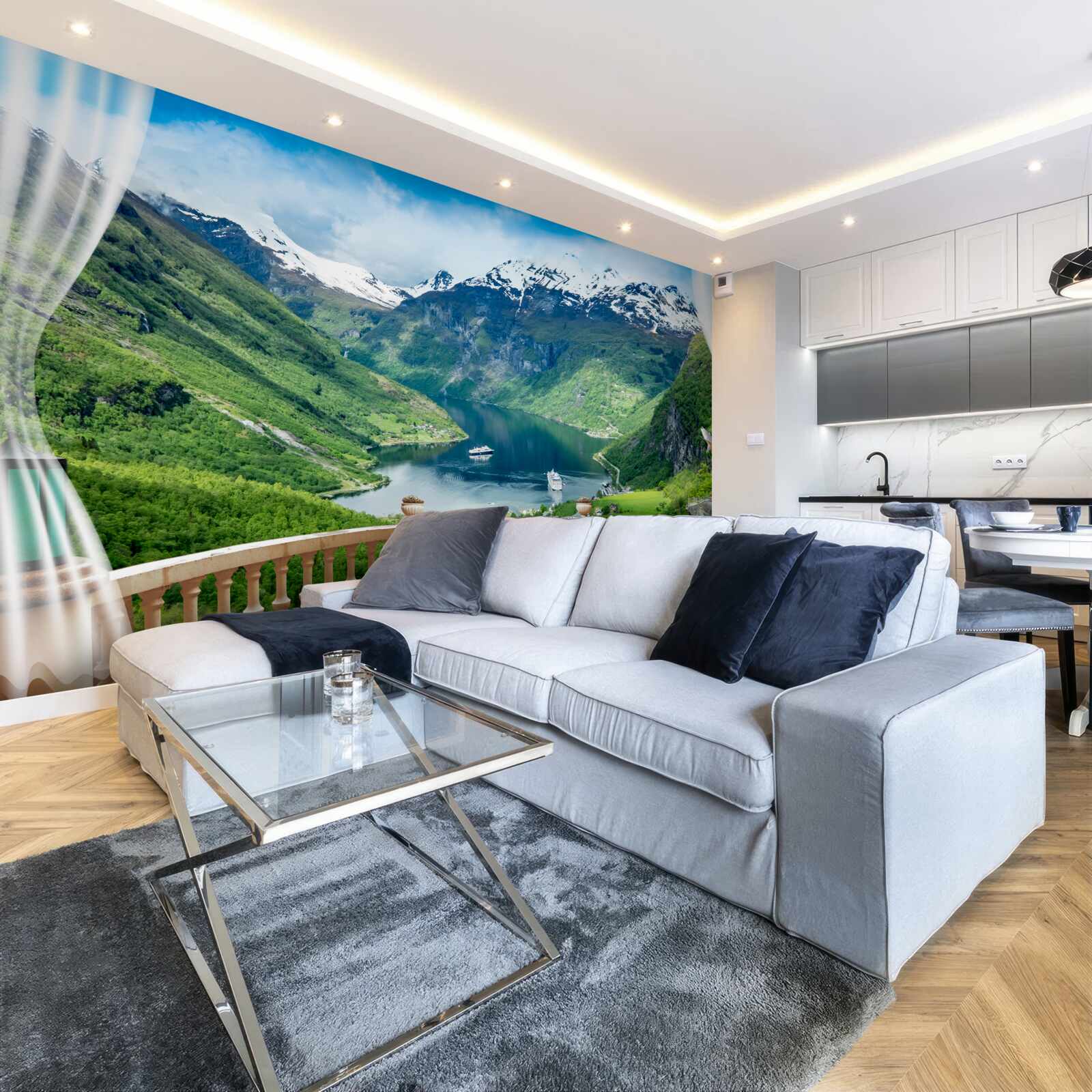 Fototapeta terasa obklopená horami s jazerom