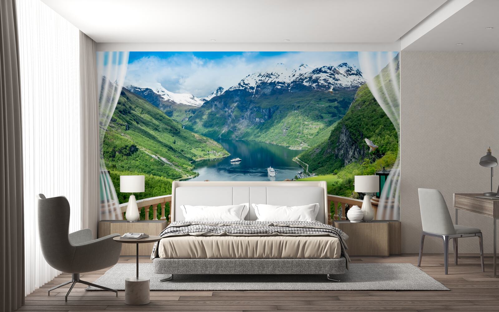 Fototapeta terasa obklopená horami s jazerom