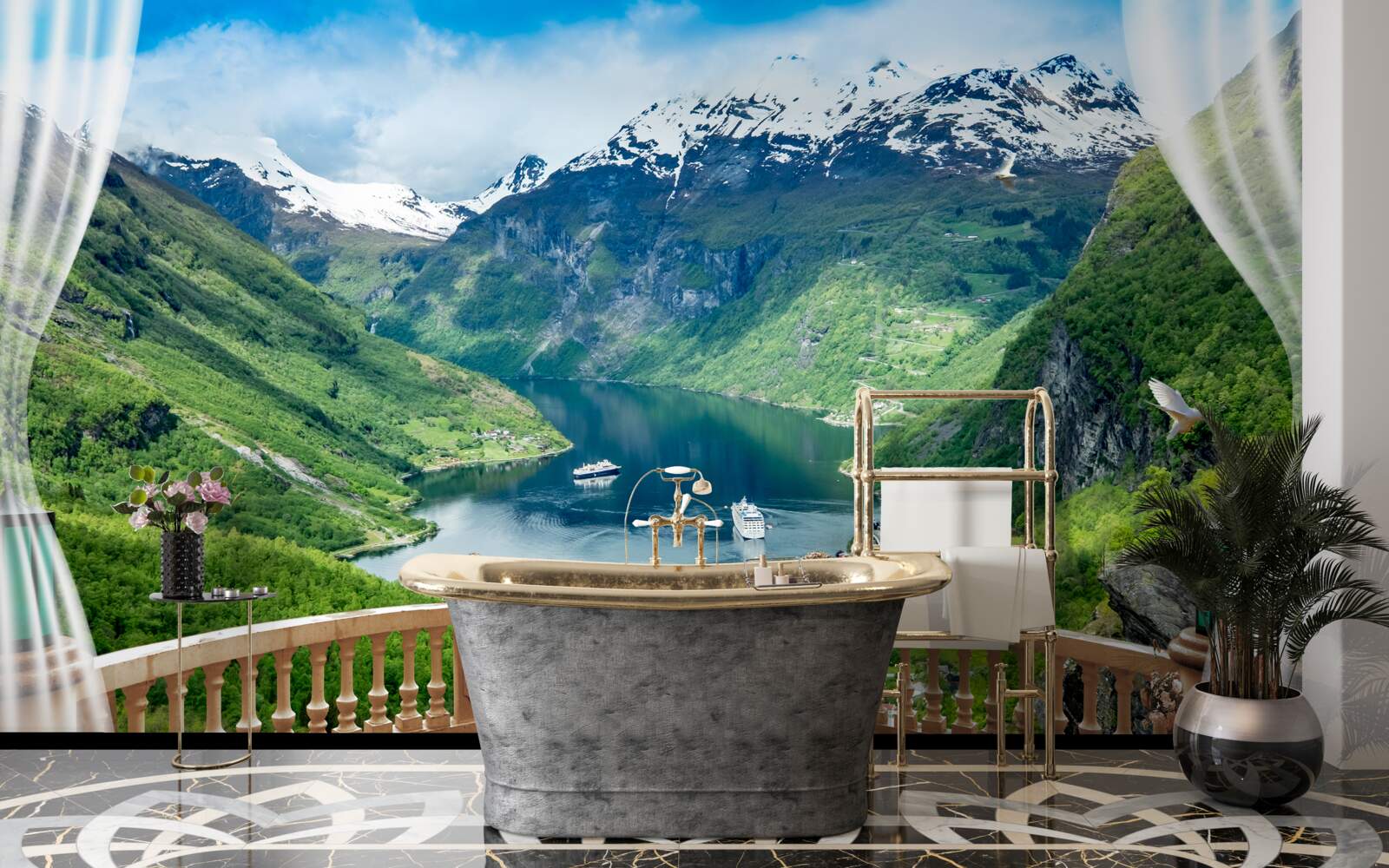 Fototapeta terasa obklopená horami s jazerom