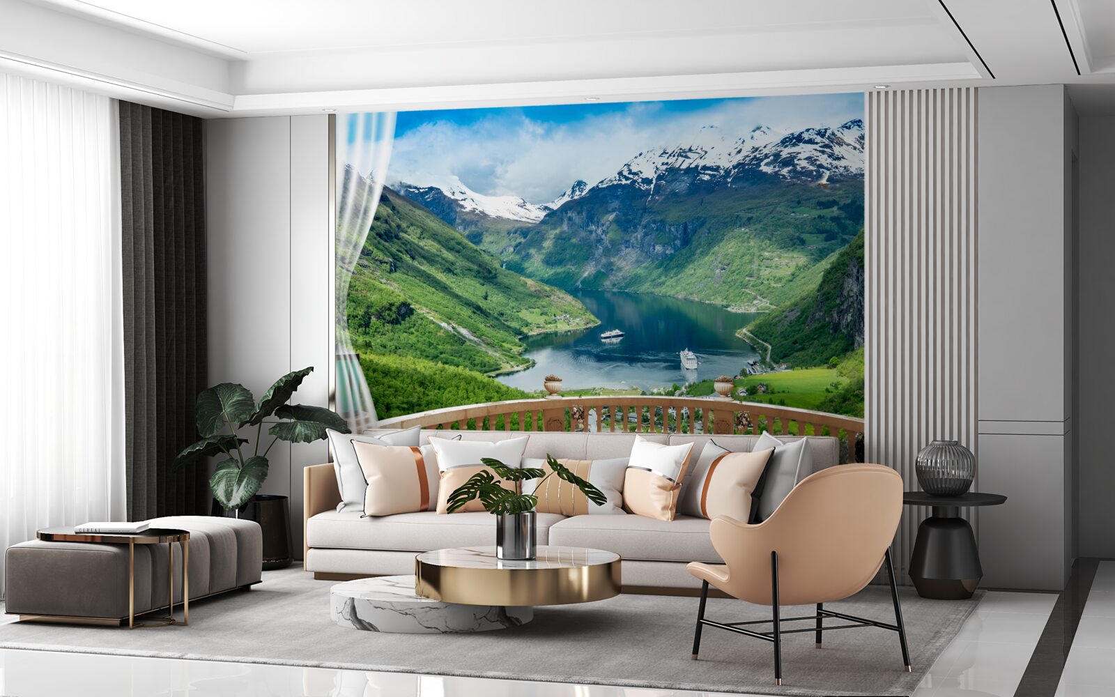 Fototapeta terasa obklopená horami s jazerom