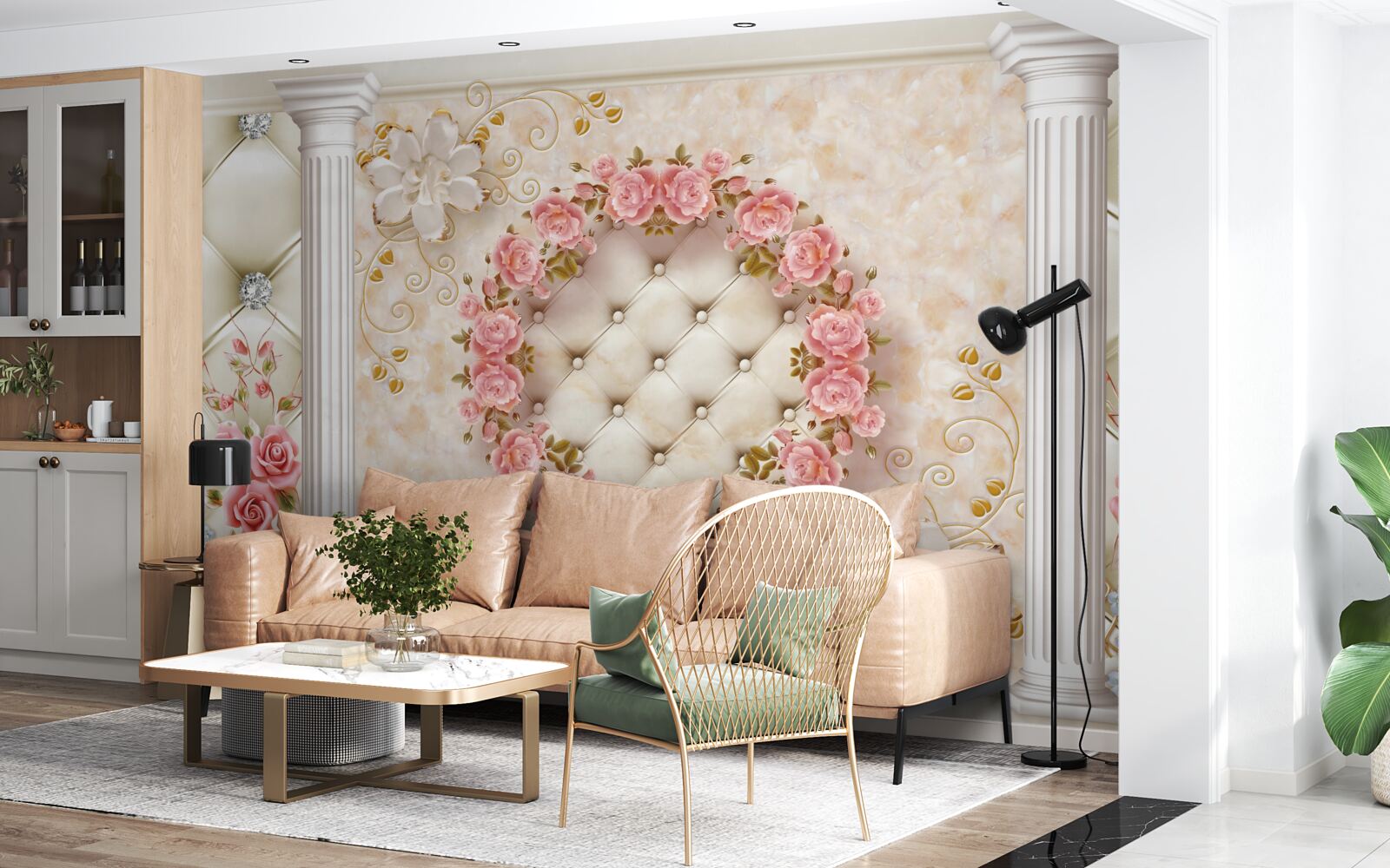 Fototapeta na stene visí veniec z ružových ruží