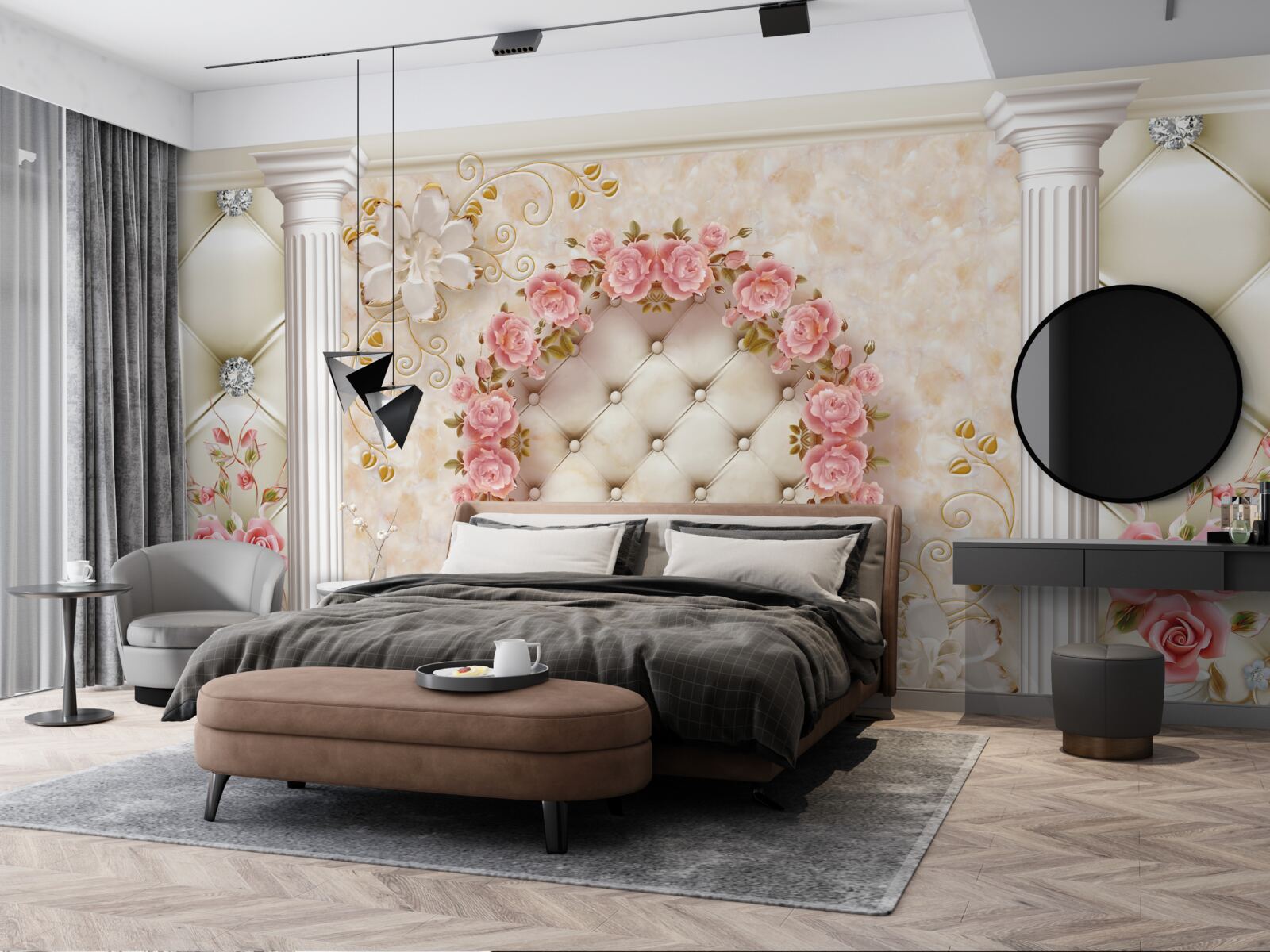 Fototapeta na stene visí veniec z ružových ruží