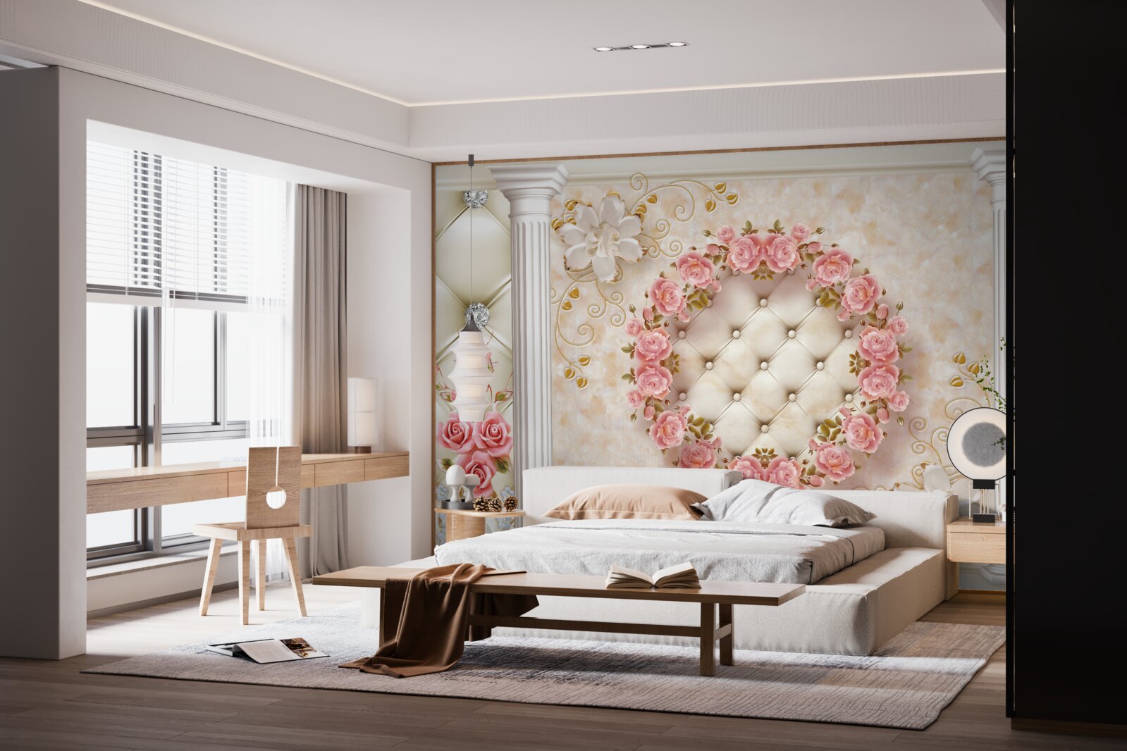 Fototapeta na stene visí veniec z ružových ruží