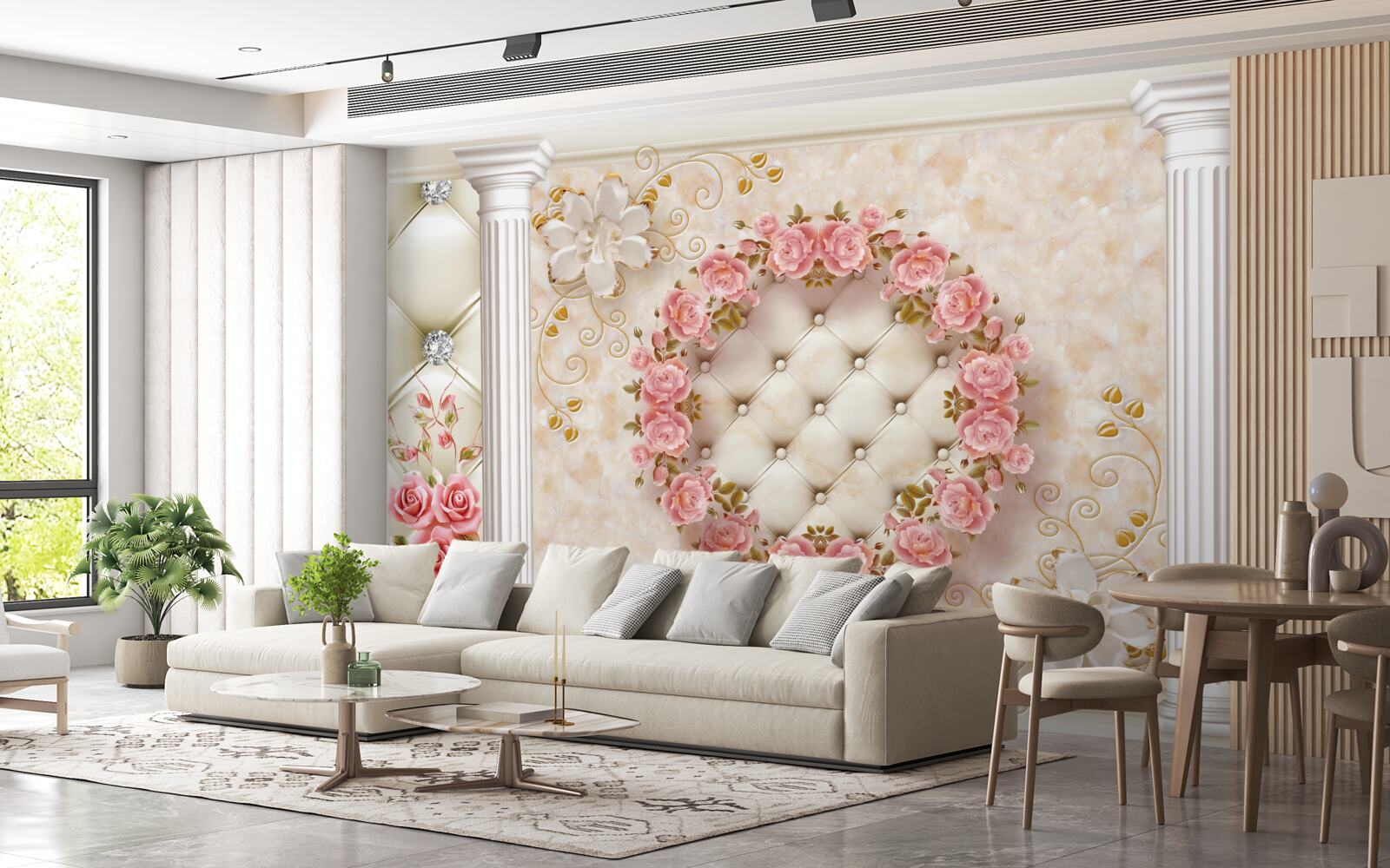 Fototapeta na stene visí veniec z ružových ruží