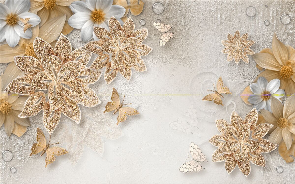 Fototapeta kvety v odtieňoch bielej a hnedej s vlajúcimi motýľmi