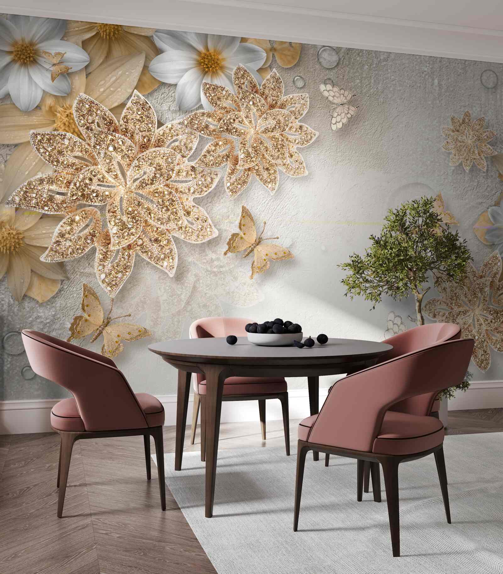 Fototapeta kvety v odtieňoch bielej a hnedej s vlajúcimi motýľmi