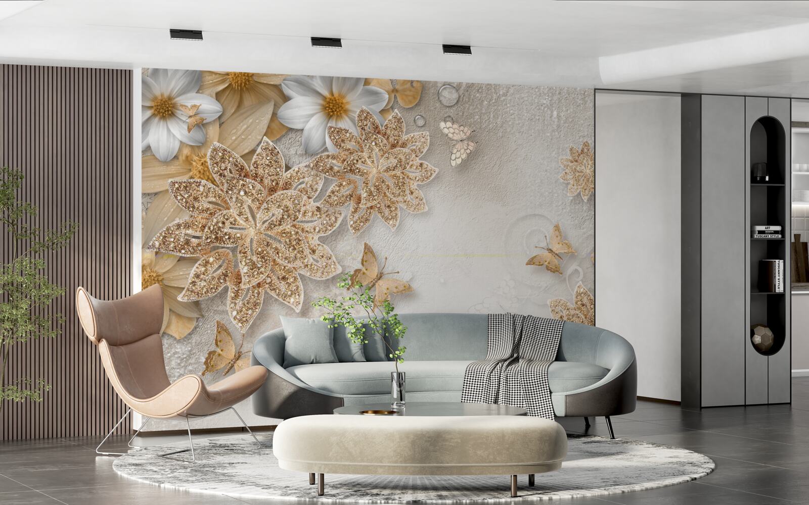 Fototapeta kvety v odtieňoch bielej a hnedej s vlajúcimi motýľmi