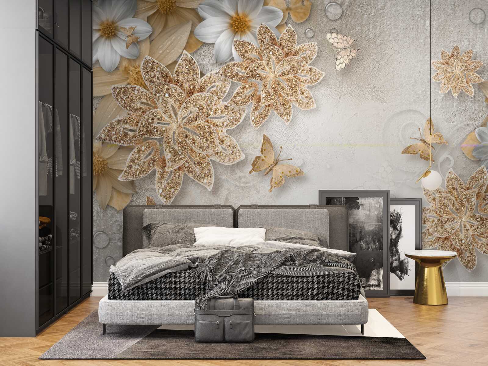 Fototapeta kvety v odtieňoch bielej a hnedej s vlajúcimi motýľmi