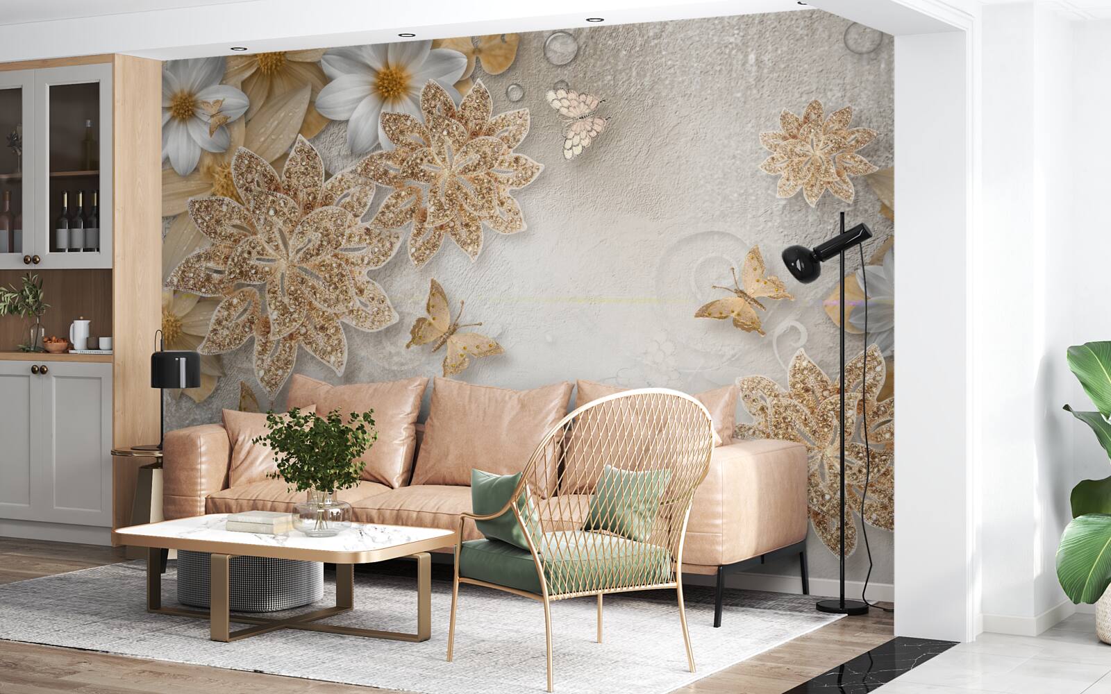 Fototapeta kvety v odtieňoch bielej a hnedej s vlajúcimi motýľmi