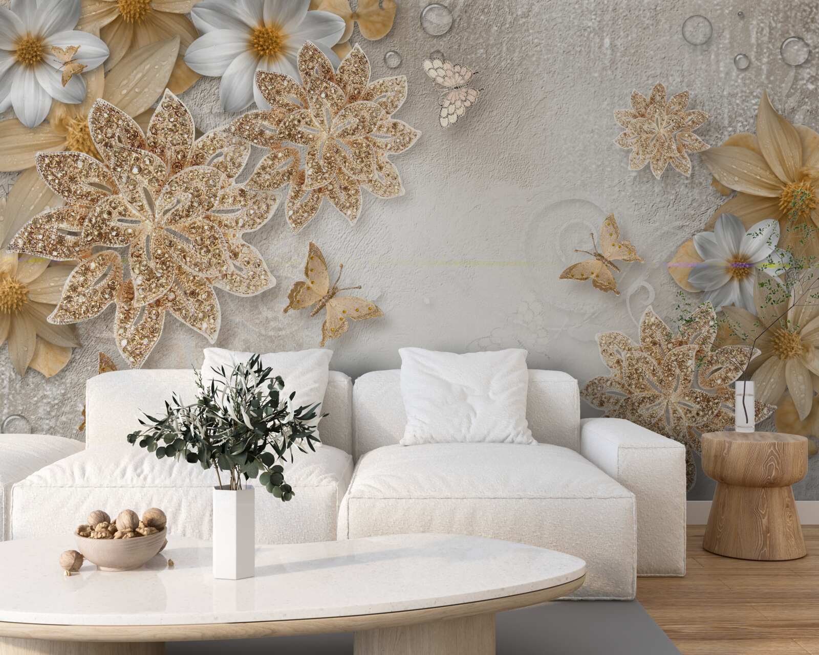 Fototapeta kvety v odtieňoch bielej a hnedej s vlajúcimi motýľmi