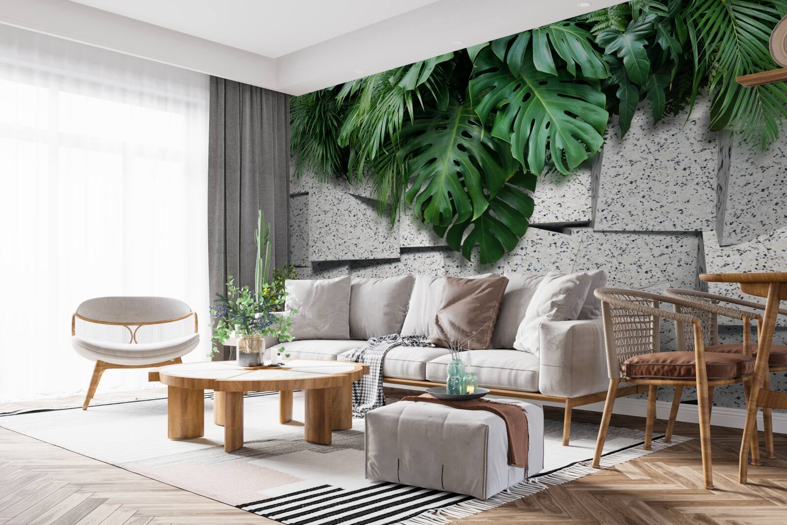 Fototapeta monstera v tropickej atmosfére na sivom pozadí