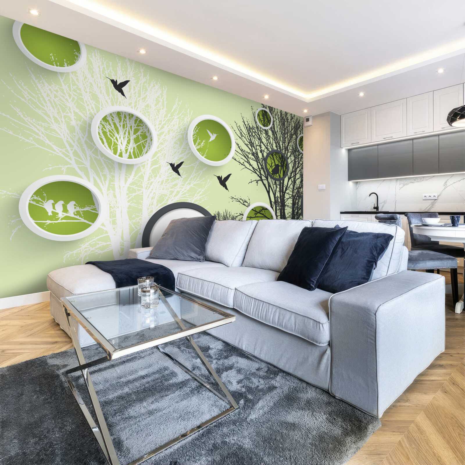 Fototapeta stromy s vtákmi v čiernej a bielej farbe