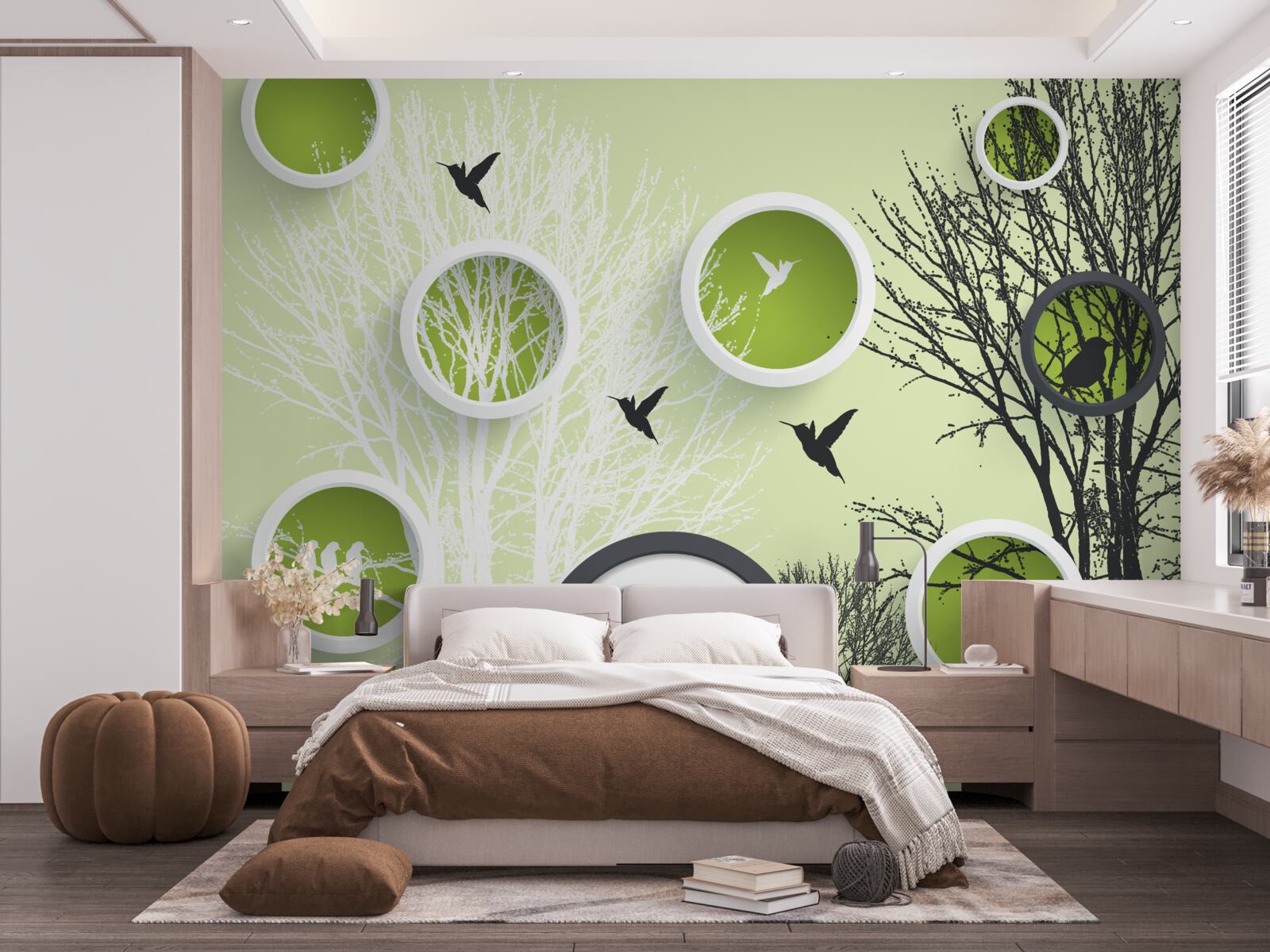 Fototapeta stromy s vtákmi v čiernej a bielej farbe