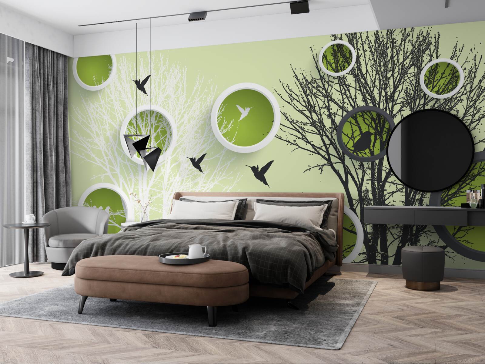 Fototapeta stromy s vtákmi v čiernej a bielej farbe