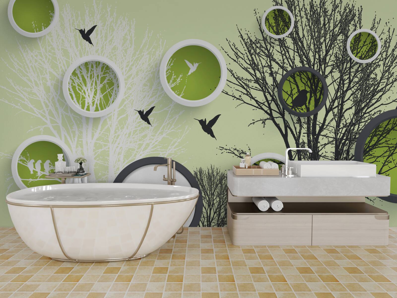 Fototapeta stromy s vtákmi v čiernej a bielej farbe