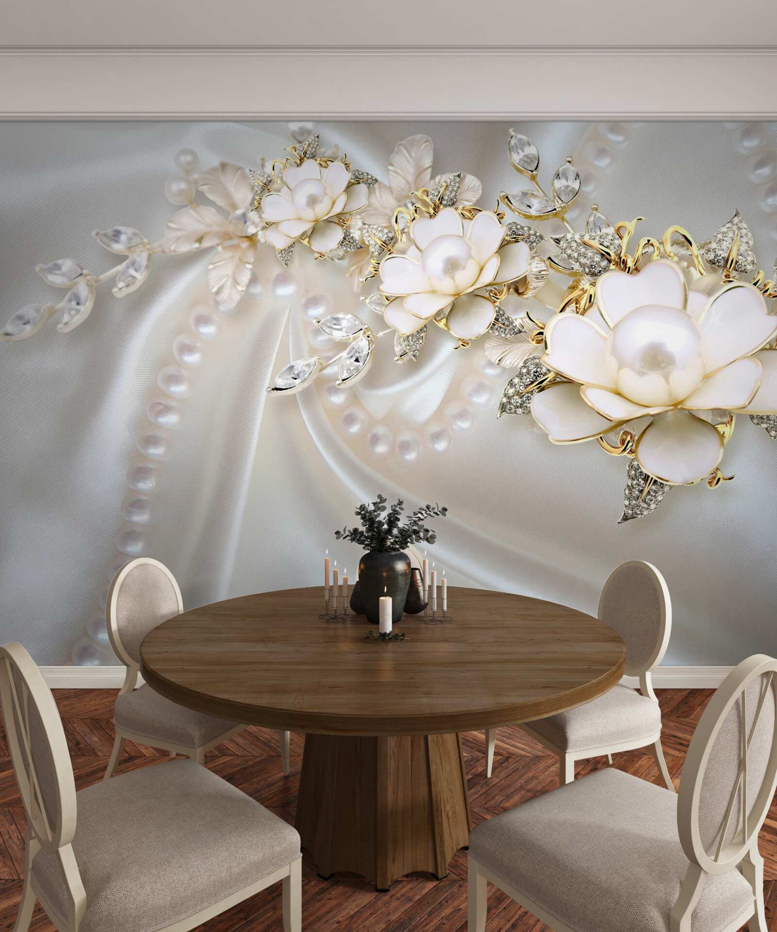 Fototapeta perly na hodvábe sú zdobené ružami