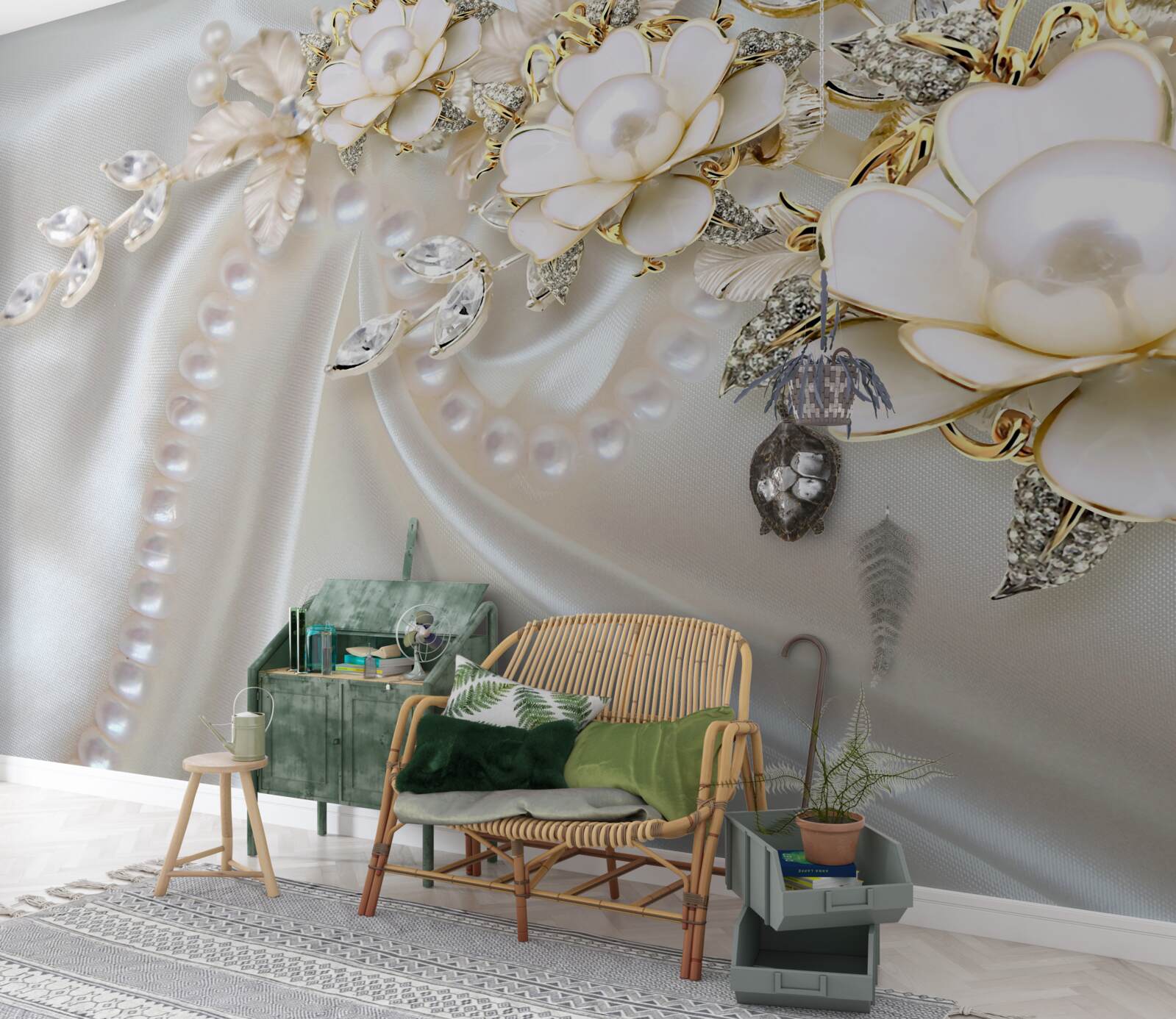 Fototapeta perly na hodvábe sú zdobené ružami