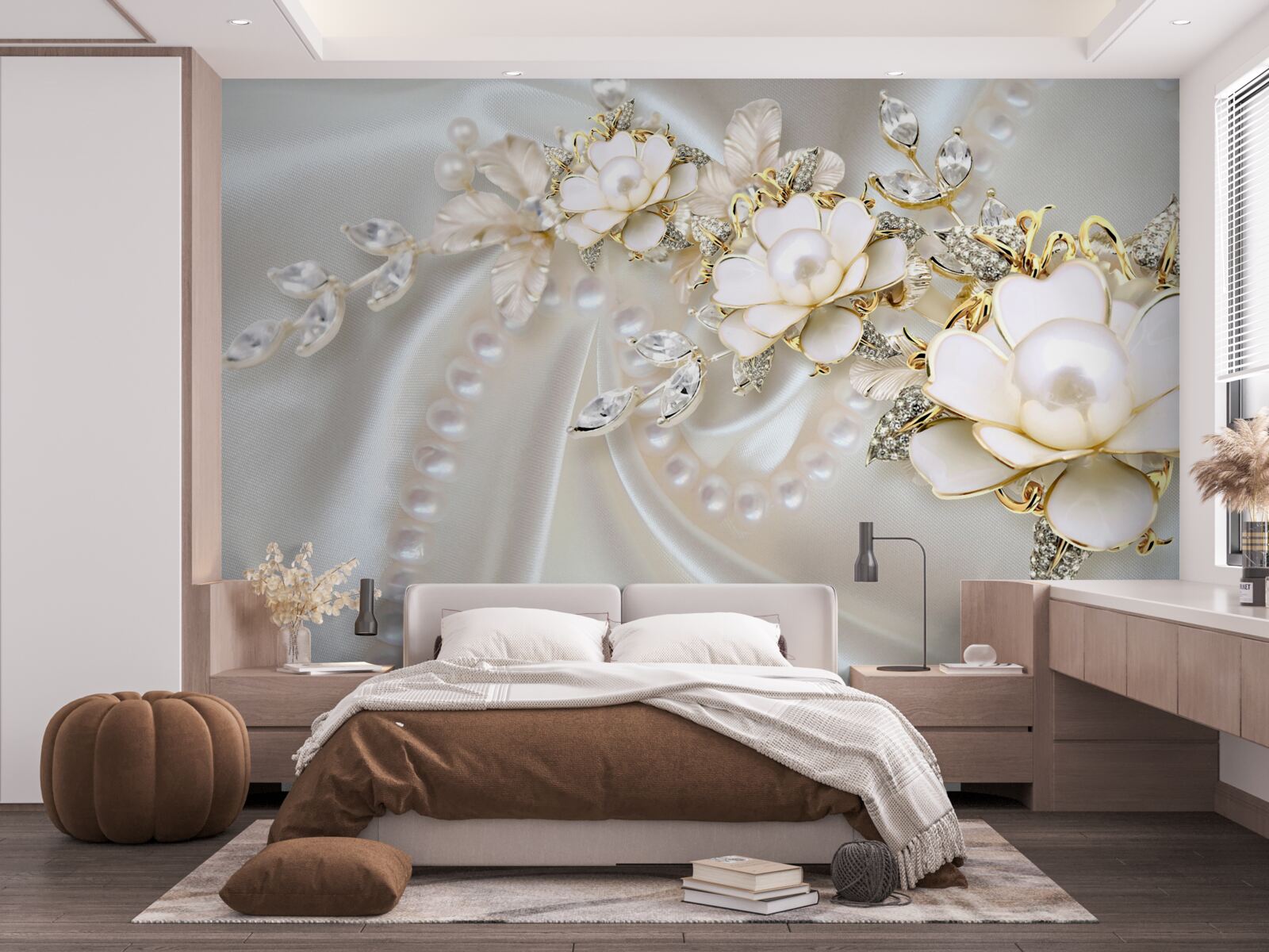 Fototapeta perly na hodvábe sú zdobené ružami