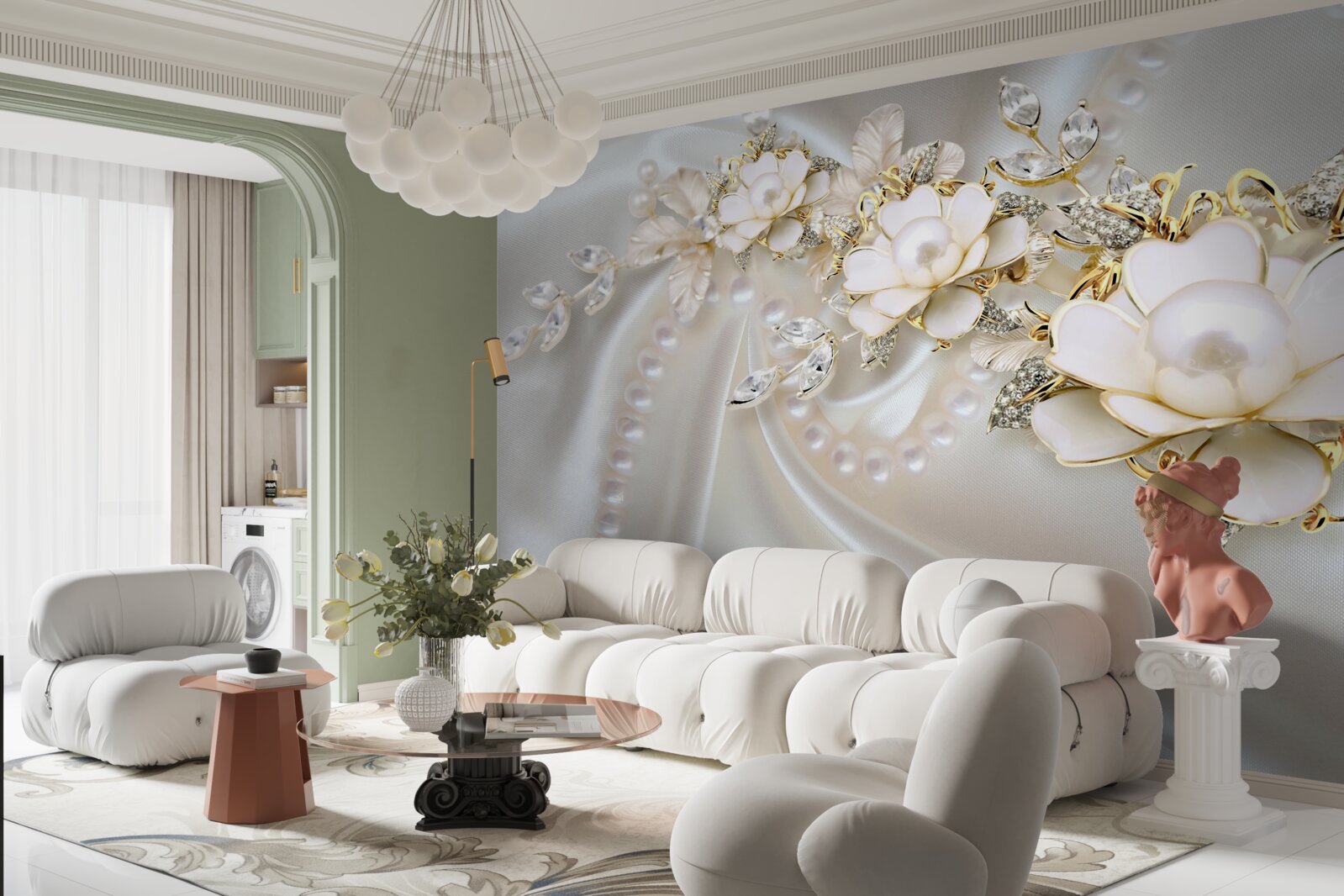 Fototapeta perly na hodvábe sú zdobené ružami